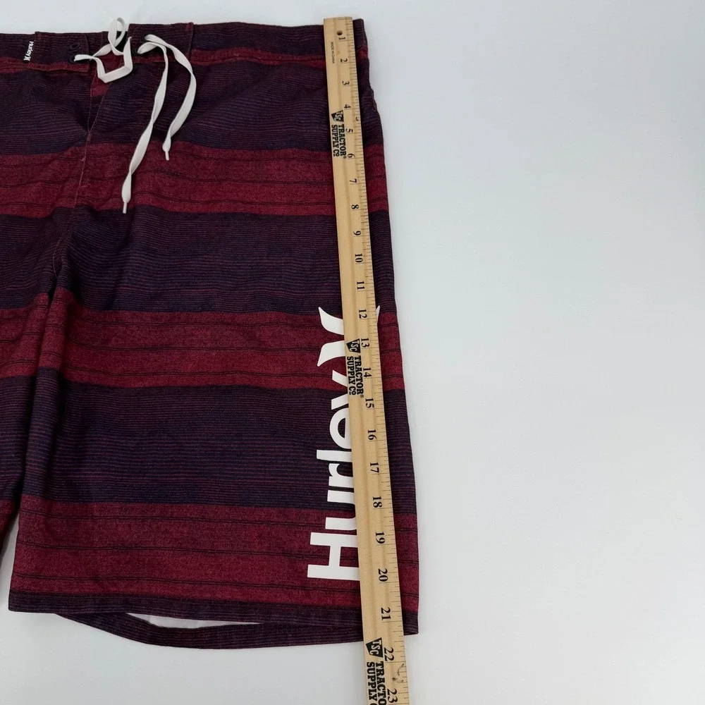 Hurley Mens Board Shorts Size 36 Maroon Blue Striped Swim Trunks MBS0008080